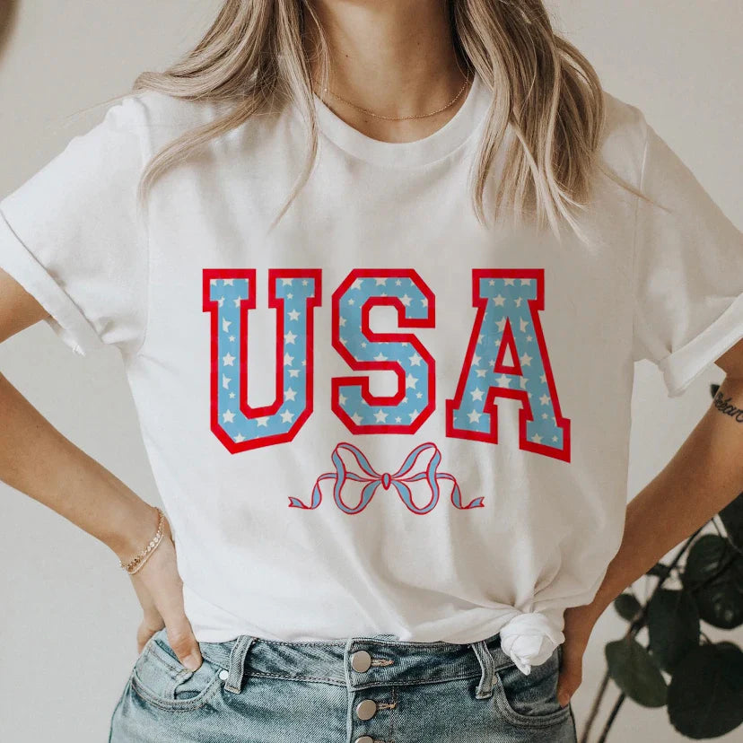 Women's Casual Patriotic T-Shirt – USA Flag Print for Independence Day | Tees