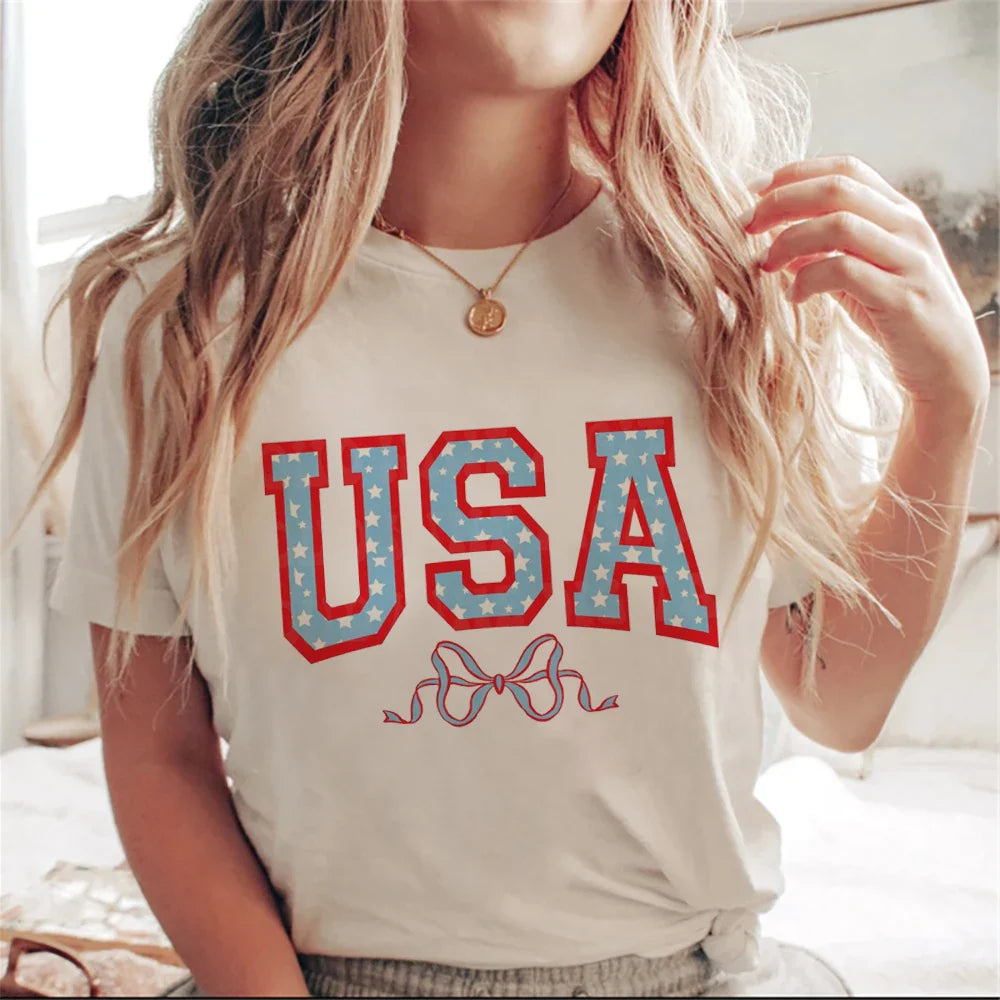 Women's Casual Patriotic T-Shirt – USA Flag Print for Independence Day | Tees