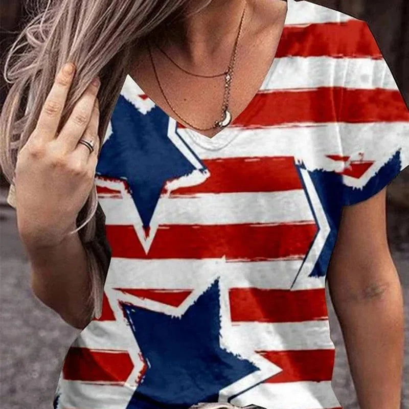 Women's Patriotic American Flag Print T-Shirt for Summer | Tees