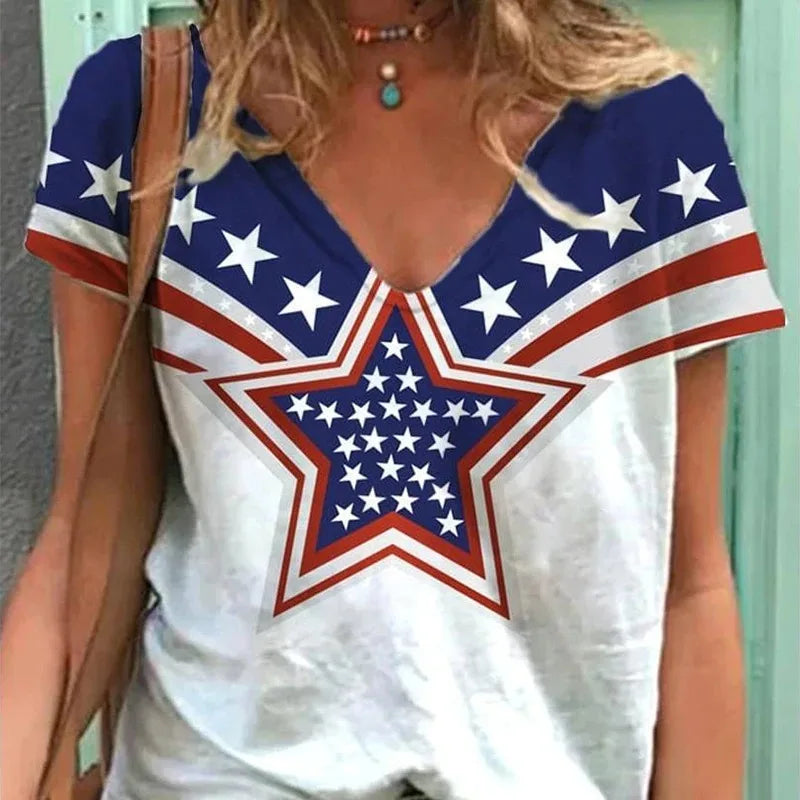 Women's Patriotic American Flag Print T-Shirt for Summer | Tees