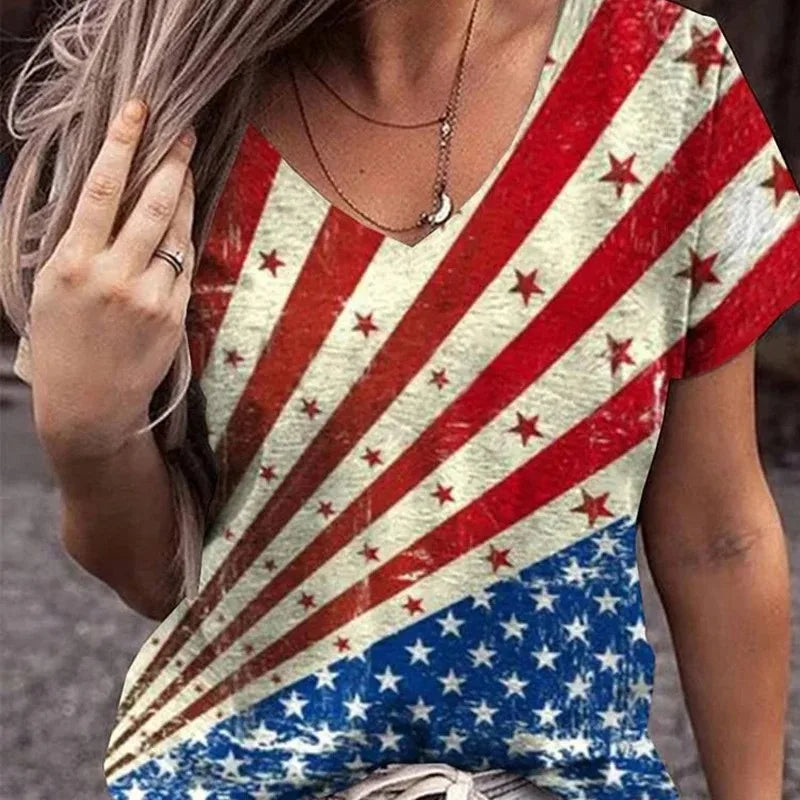 Women's Patriotic American Flag Print T-Shirt for Summer