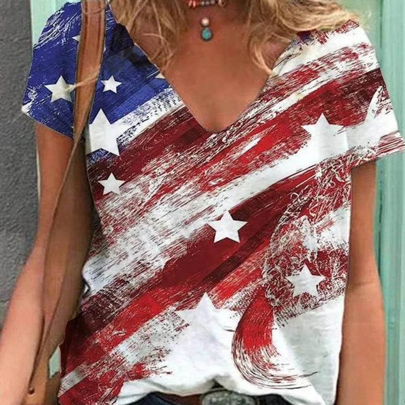 Women's Patriotic American Flag Print T-Shirt for Summer | Tees