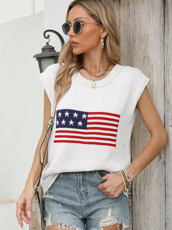 Women's Sleeveless Knit Top with Patriotic Theme American