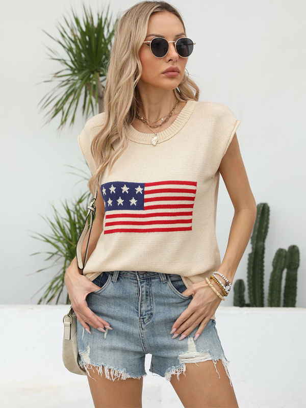 Women's Sleeveless Knit Top with Patriotic Theme American