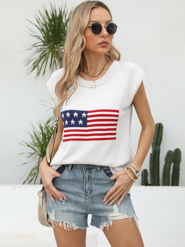 Women's Sleeveless Knit Top with Patriotic Theme American