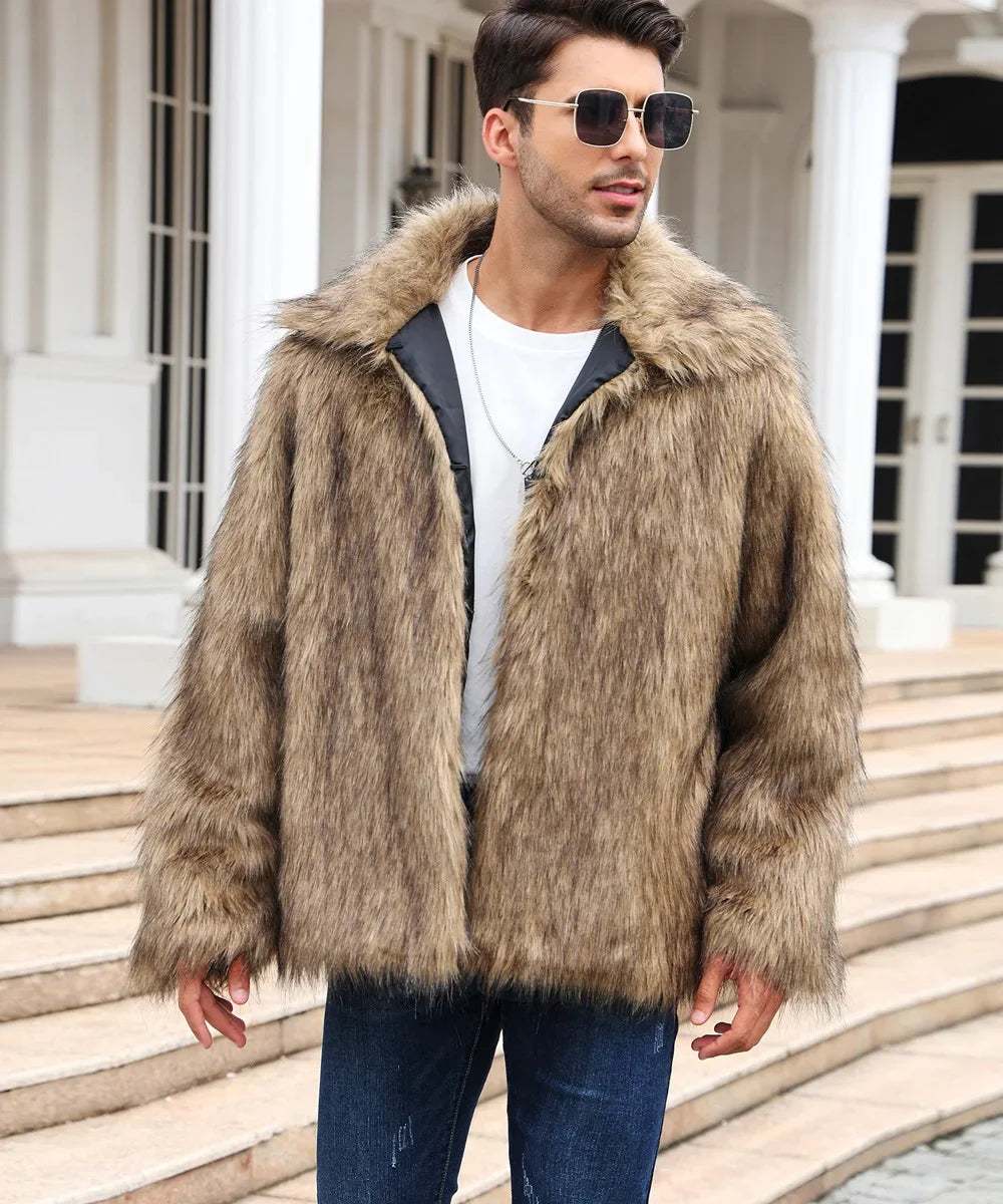 Cold-Weather Fox Look with Men's Faux Fur Coat Jacket Men Coats