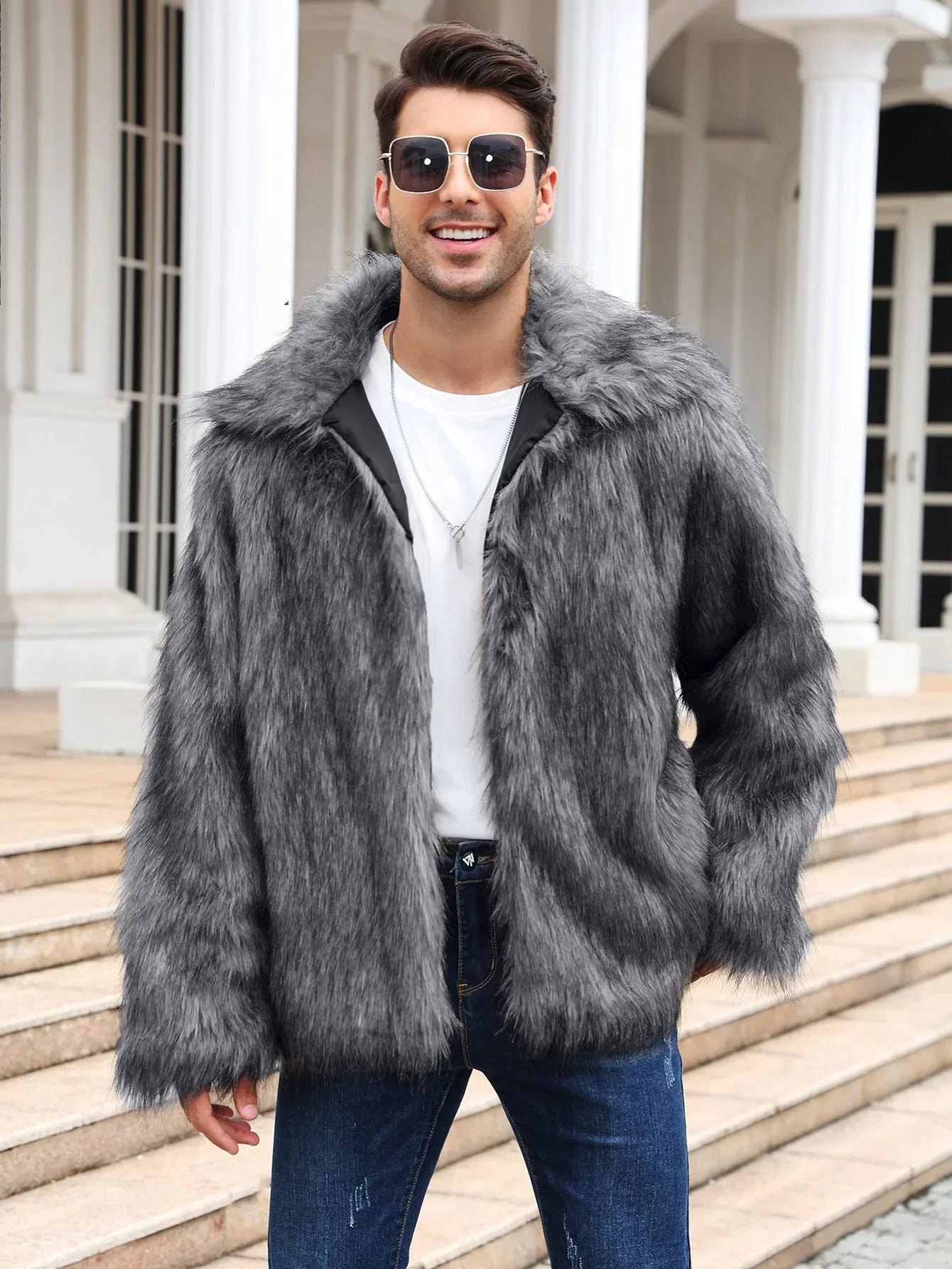 Cold-Weather Fox Look with Men's Faux Fur Coat Jacket Men Coats