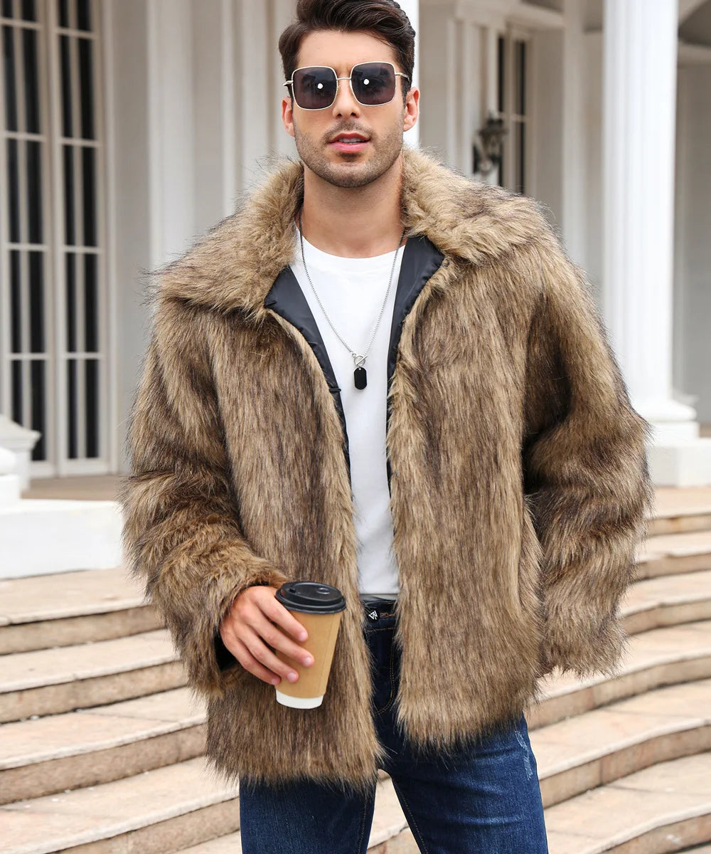 Cold-Weather Fox Look with Men's Faux Fur Coat Jacket Men Coats