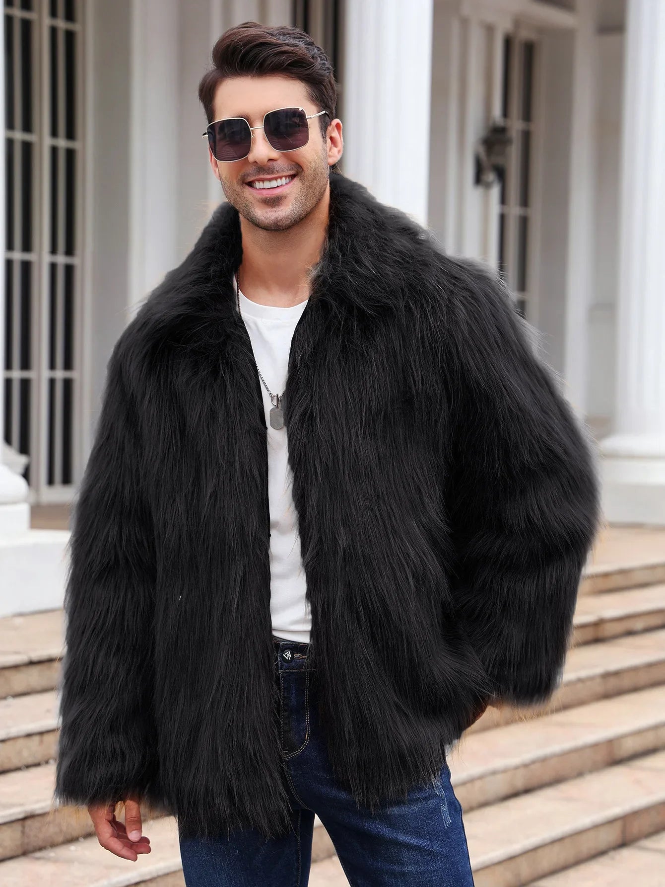 Cold-Weather Fox Look with Men's Faux Fur Coat Jacket Men Coats