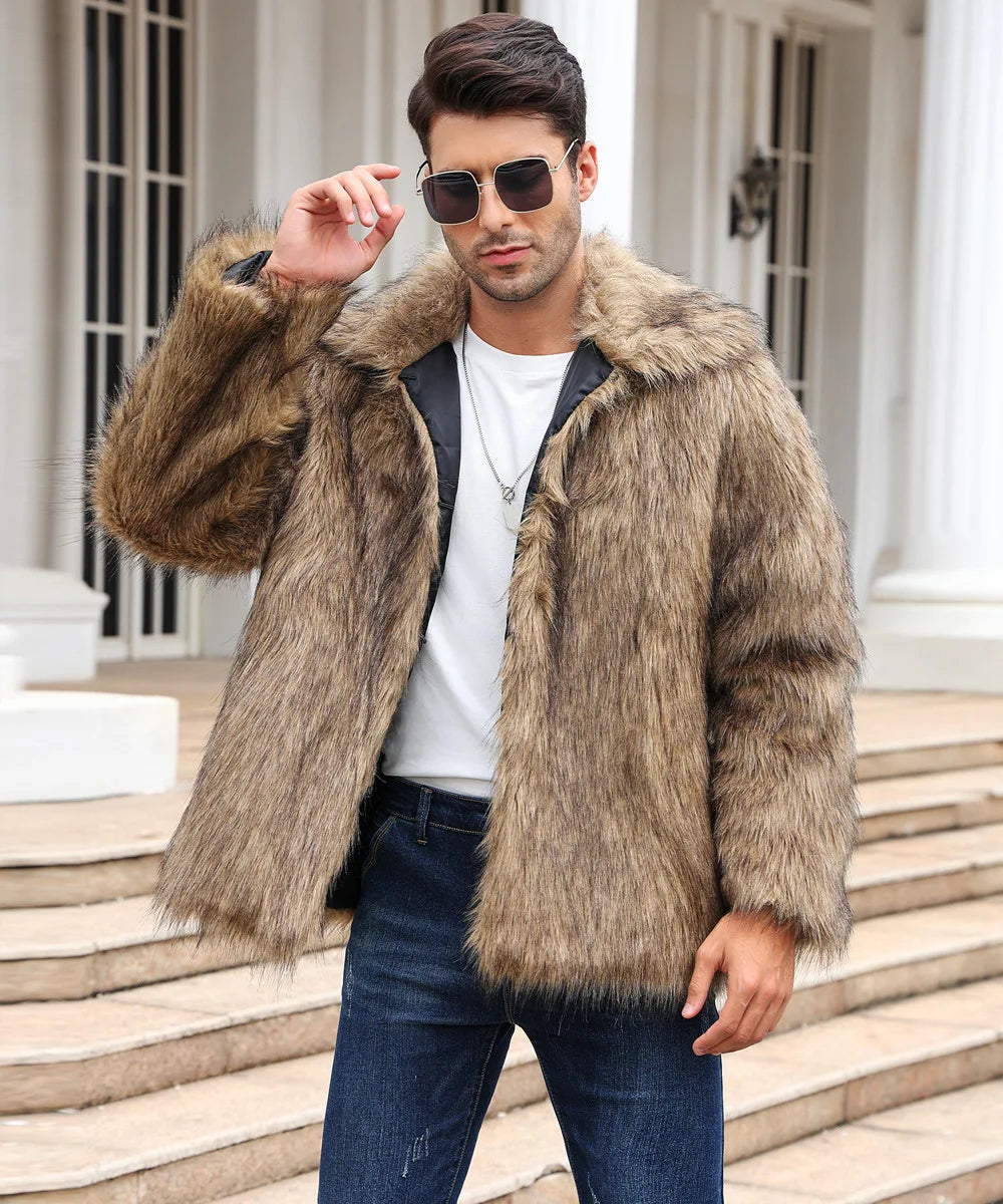 Cold-Weather Fox Look with Men's Faux Fur Coat Jacket Men Coats