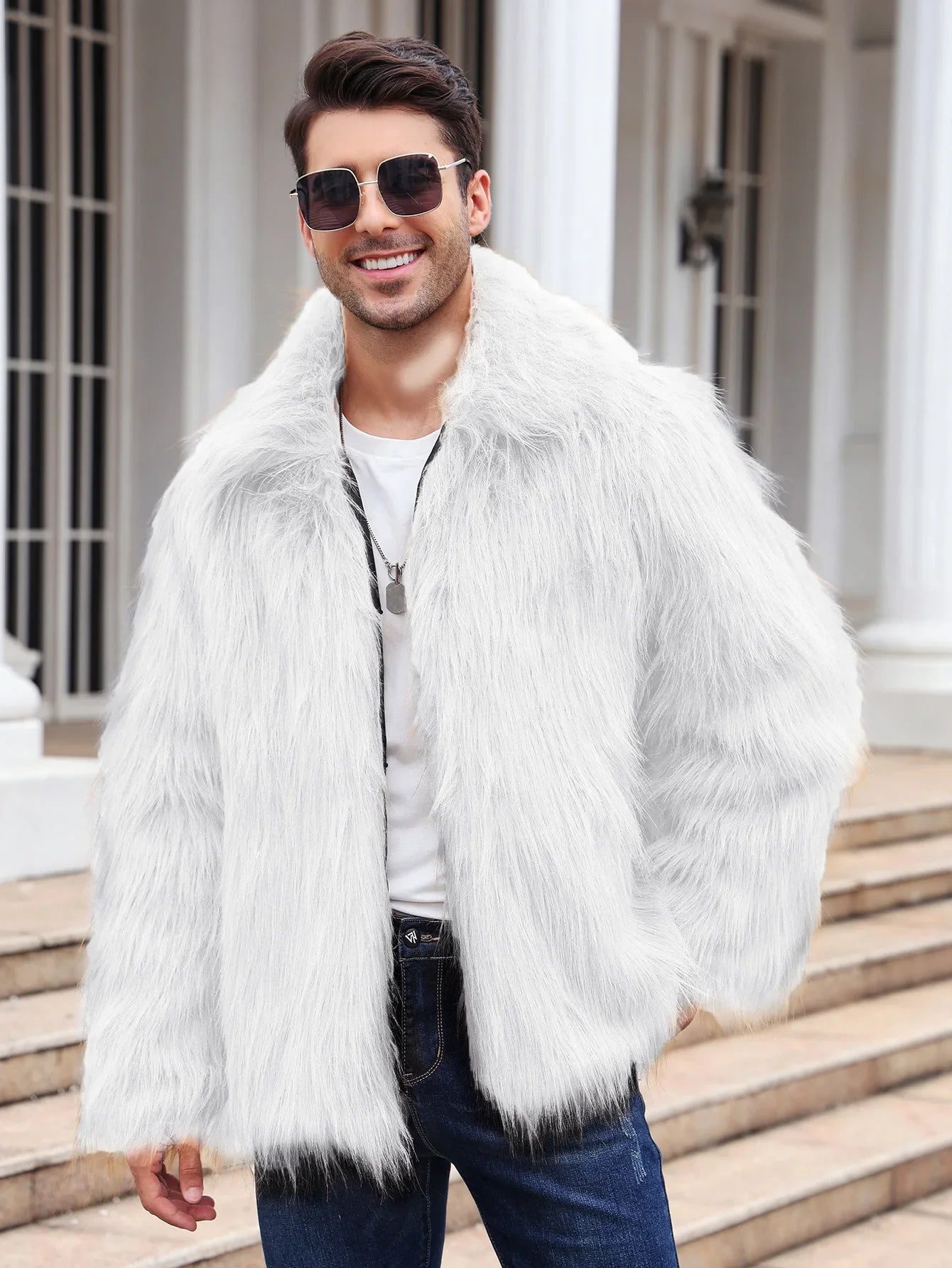 Cold-Weather Fox Look with Men's Faux Fur Coat Jacket Men Coats