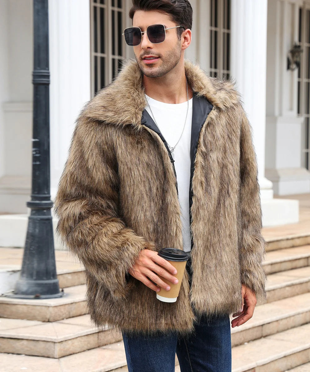 Cold-Weather Fox Look with Men's Faux Fur Coat Jacket Men Coats