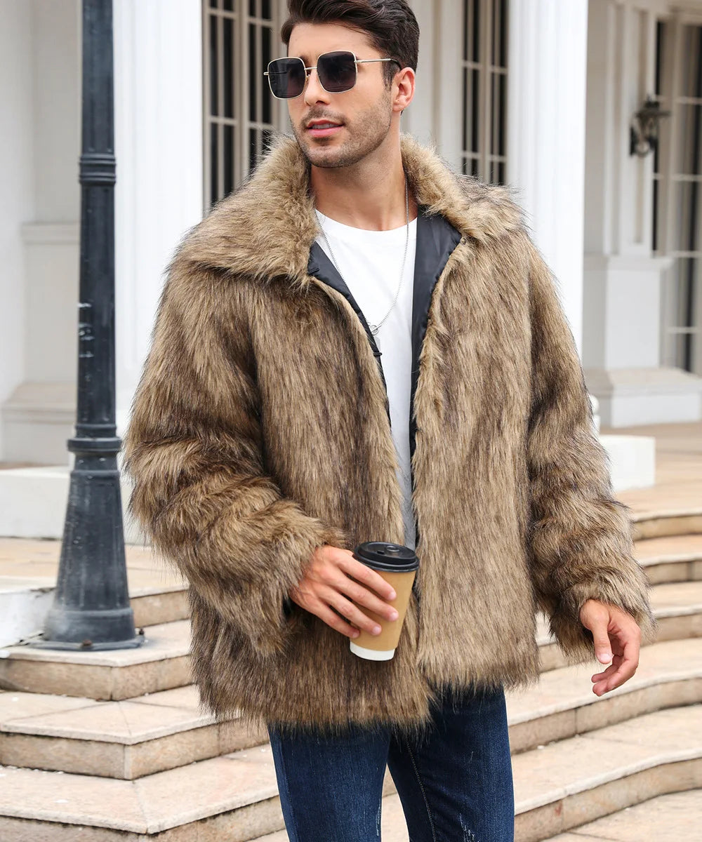 Cold-Weather Fox Look with Men's Faux Fur Coat Jacket Men Coats