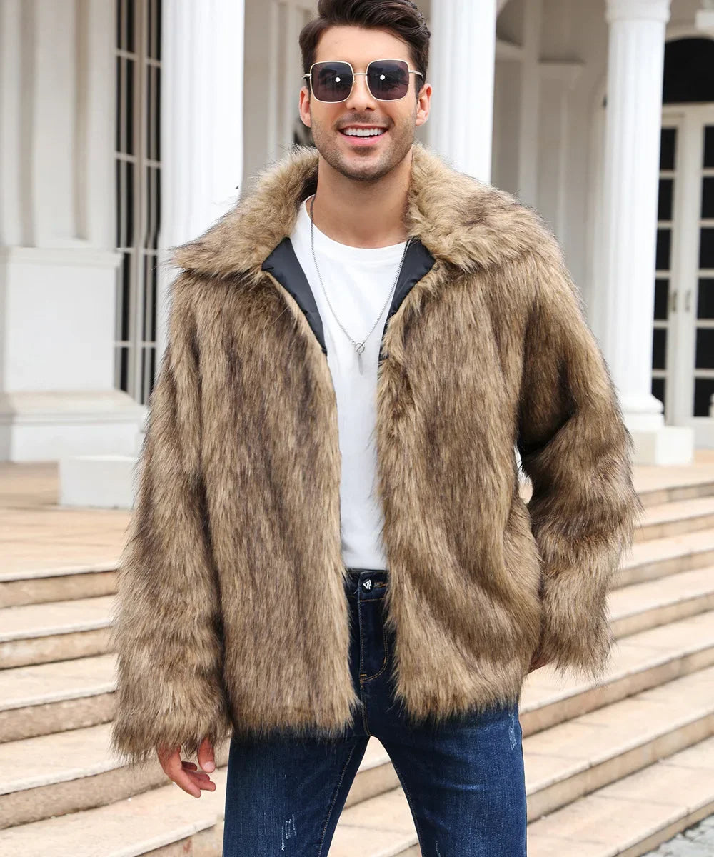 Cold-Weather Fox Look with Men's Faux Fur Coat Jacket Men Coats