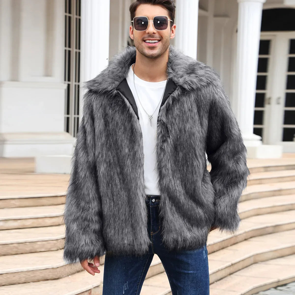 Cold-Weather Fox Look with Men's Faux Fur Coat Jacket Men Coats