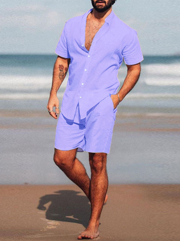 Men's 2-Piece Summer Set – Classic Collared Shirt & Shorts