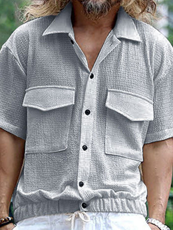 Textured Button-Up Flap Shirt for Men with Short Sleeves Shirts