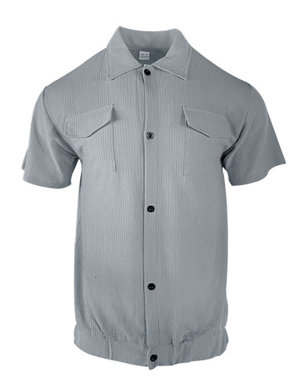 Textured Button-Up Flap Shirt for Men with Short Sleeves Shirts