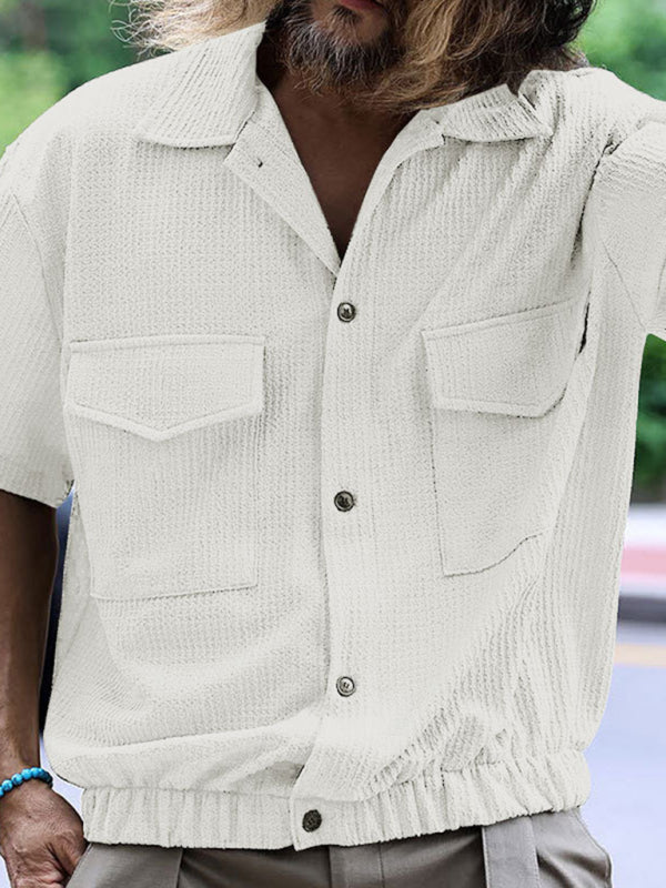 Textured Button-Up Flap Shirt for Men with Short Sleeves Shirts