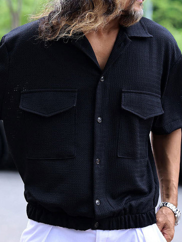 Textured Button-Up Flap Shirt for Men with Short Sleeves Shirts