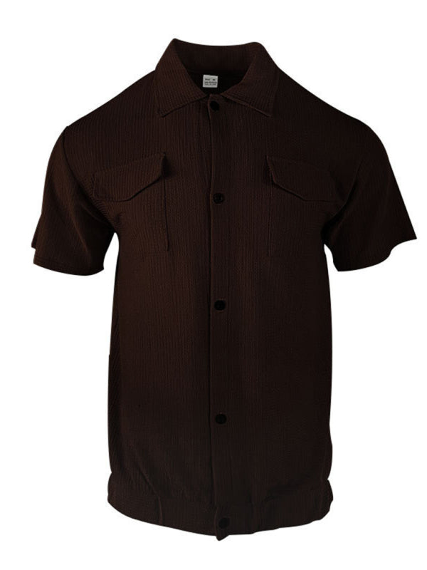 Textured Button-Up Flap Shirt for Men with Short Sleeves Shirts