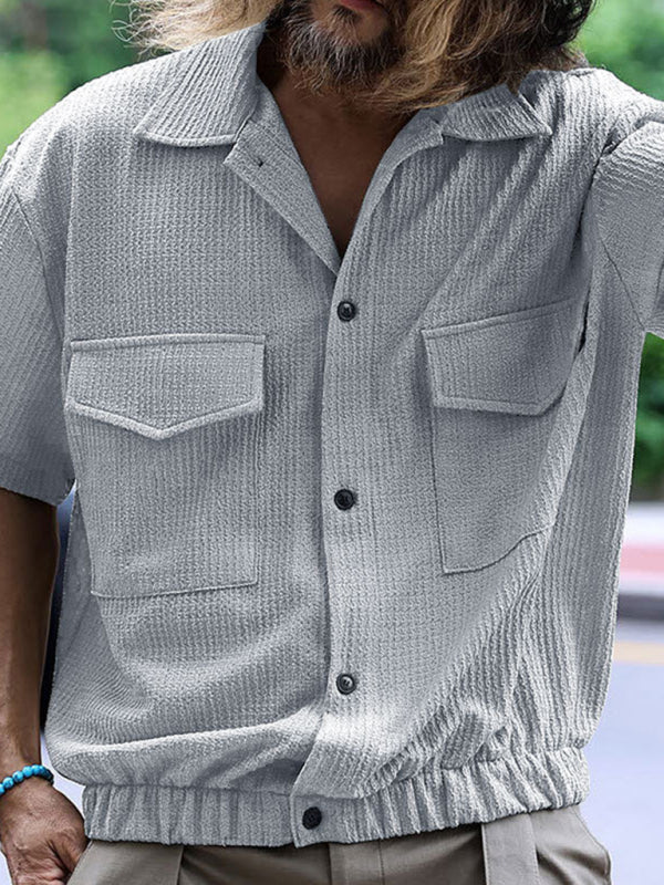 Textured Button-Up Flap Shirt for Men with Short Sleeves Shirts