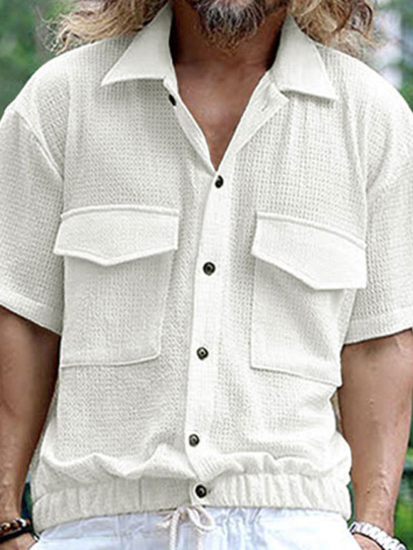 Textured Button-Up Flap Shirt for Men with Short Sleeves Shirts