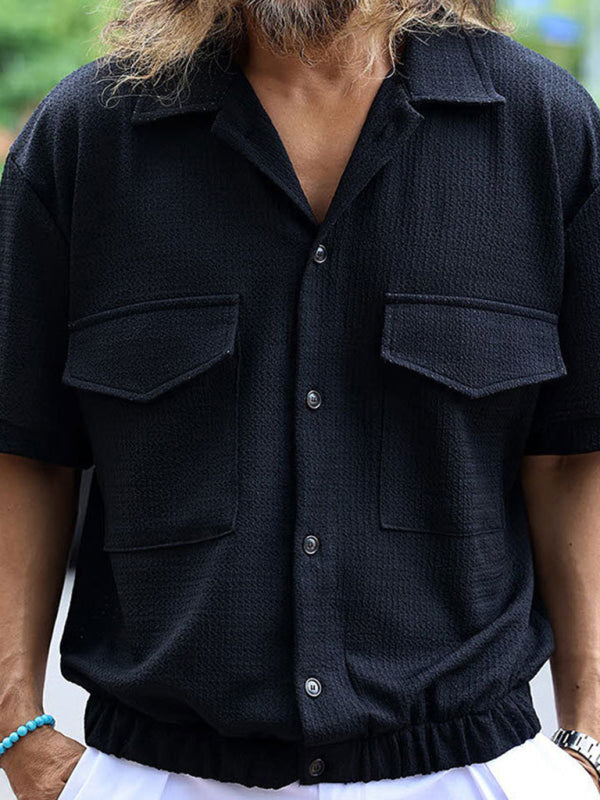 Textured Button-Up Flap Shirt for Men with Short Sleeves Shirts