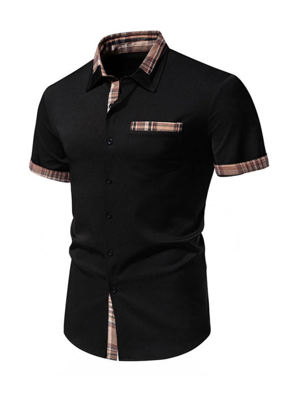 Men's Solid Short Sleeve Shirt with Contrast Plaid Hem Shirts