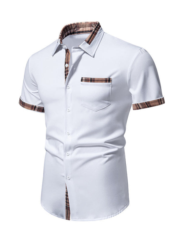 Men's Solid Short Sleeve Shirt with Contrast Plaid Hem Shirts