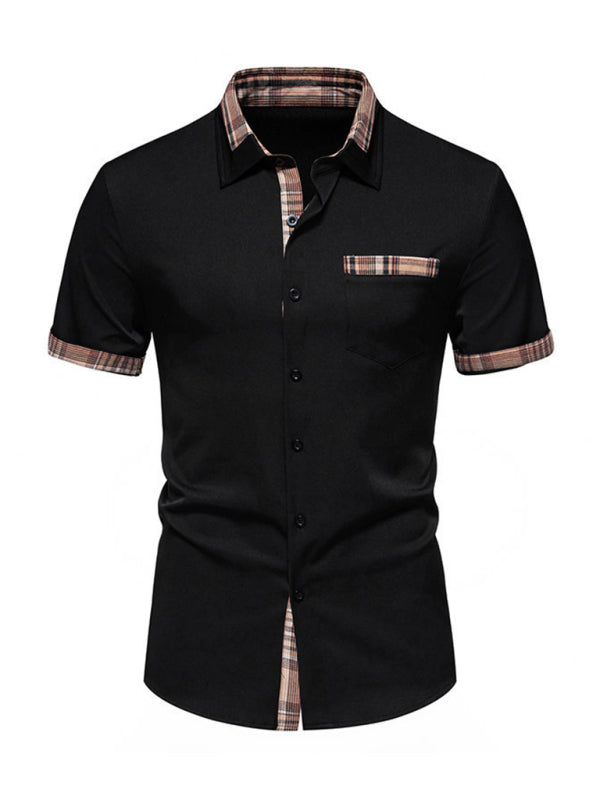 Men's Solid Short Sleeve Shirt with Contrast Plaid Hem Shirts