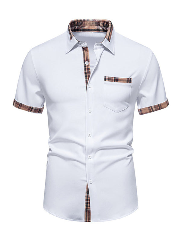 Men's Short-Sleeve Collared Shirt with Plaid Accent