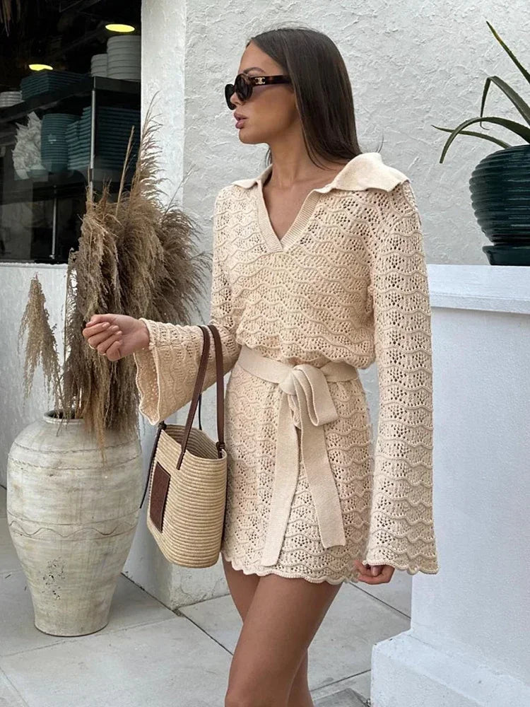 Women’s Knitted Beach Dress with Shirt Neckline | Perfect for Summer & Spring