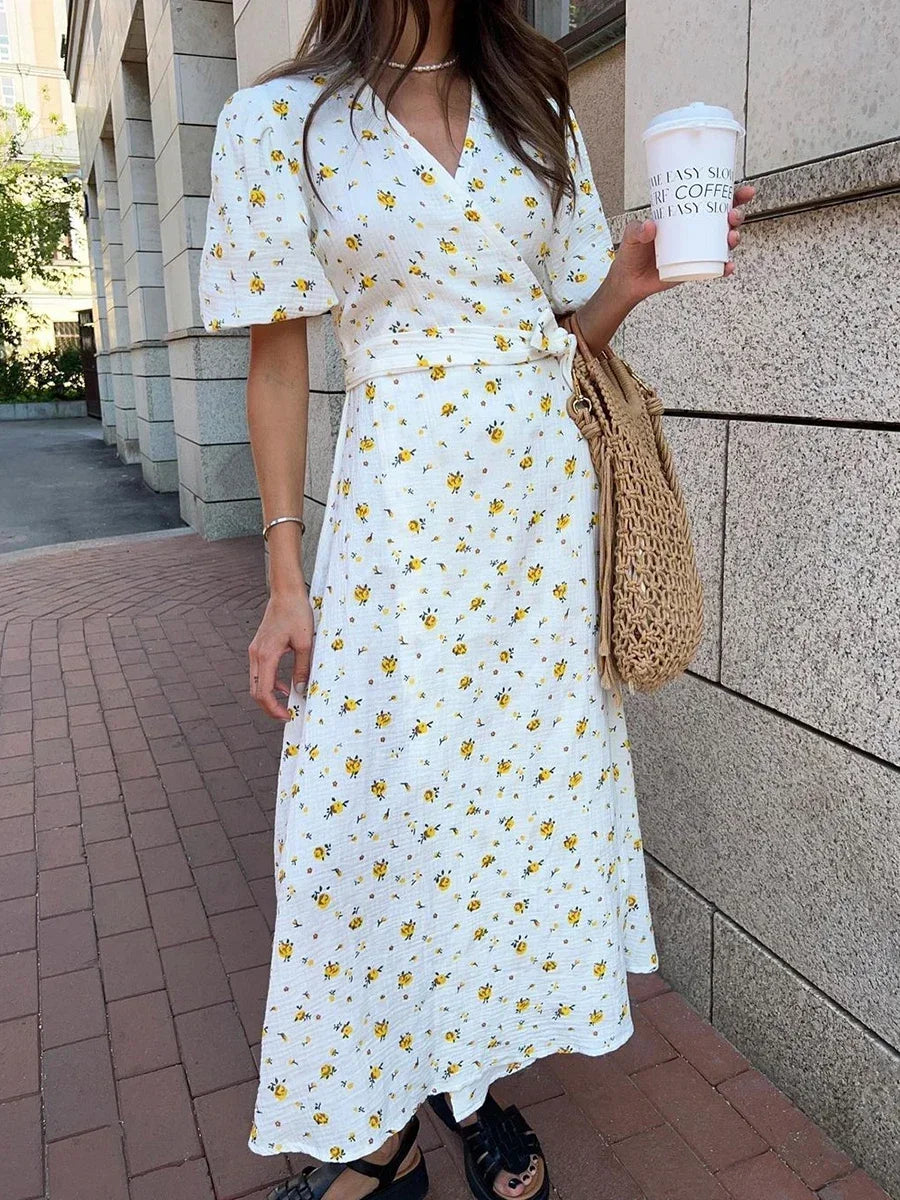 Casual Floral Print Wrap Dress for Summer Picnics | Casual Dresses