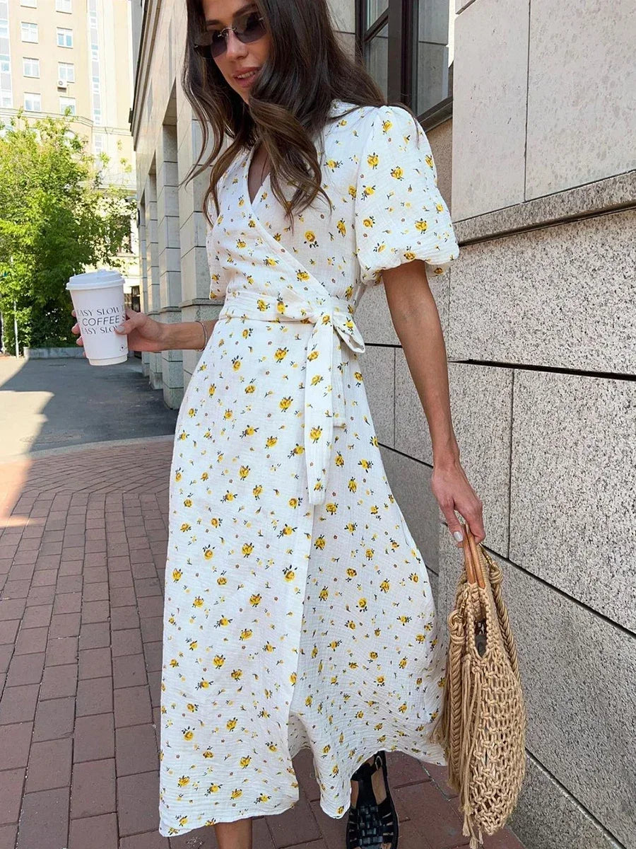 Casual Floral Print Wrap Dress for Summer Picnics | Casual Dresses