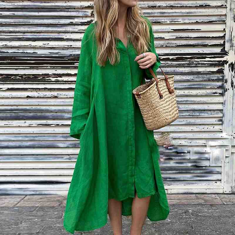 Loose Fit Cotton Linen Shirt Dress Vacation Tunic Dresses