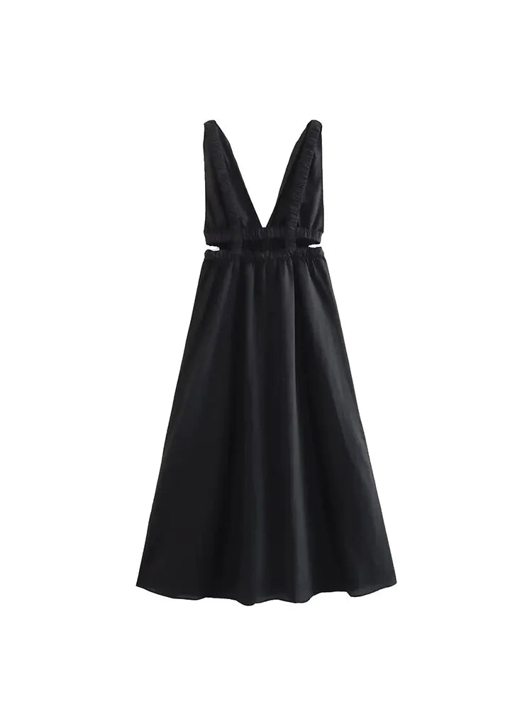 Sophisticated Black Dress with Smocked Straps and Side Cutouts | A-Line Dresses