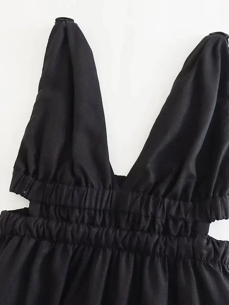 Sophisticated Black Dress with Smocked Straps and Side Cutouts | A-Line Dresses