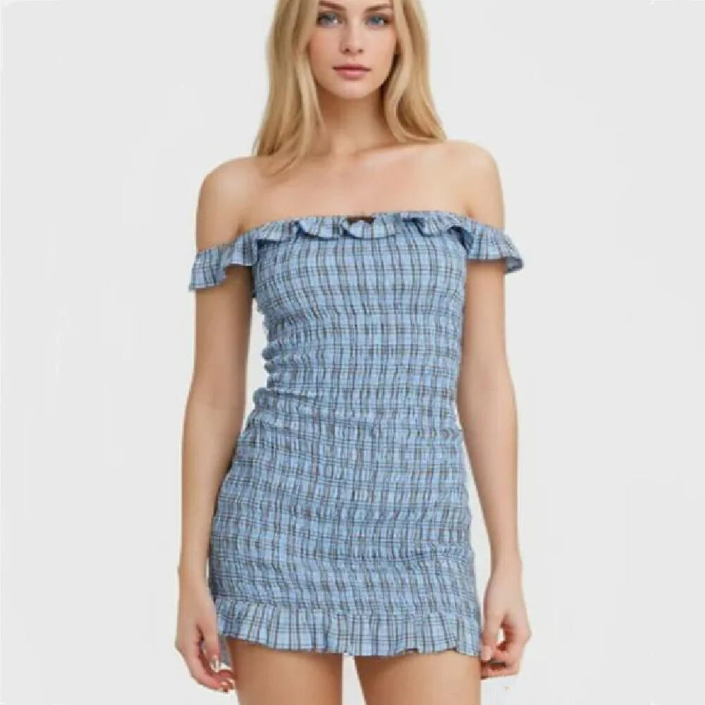 Summer Plaid Dress with Off-Shoulder Design