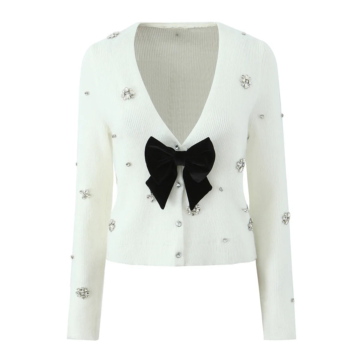 Diamond-Embellished Cardigan with Bow Accent