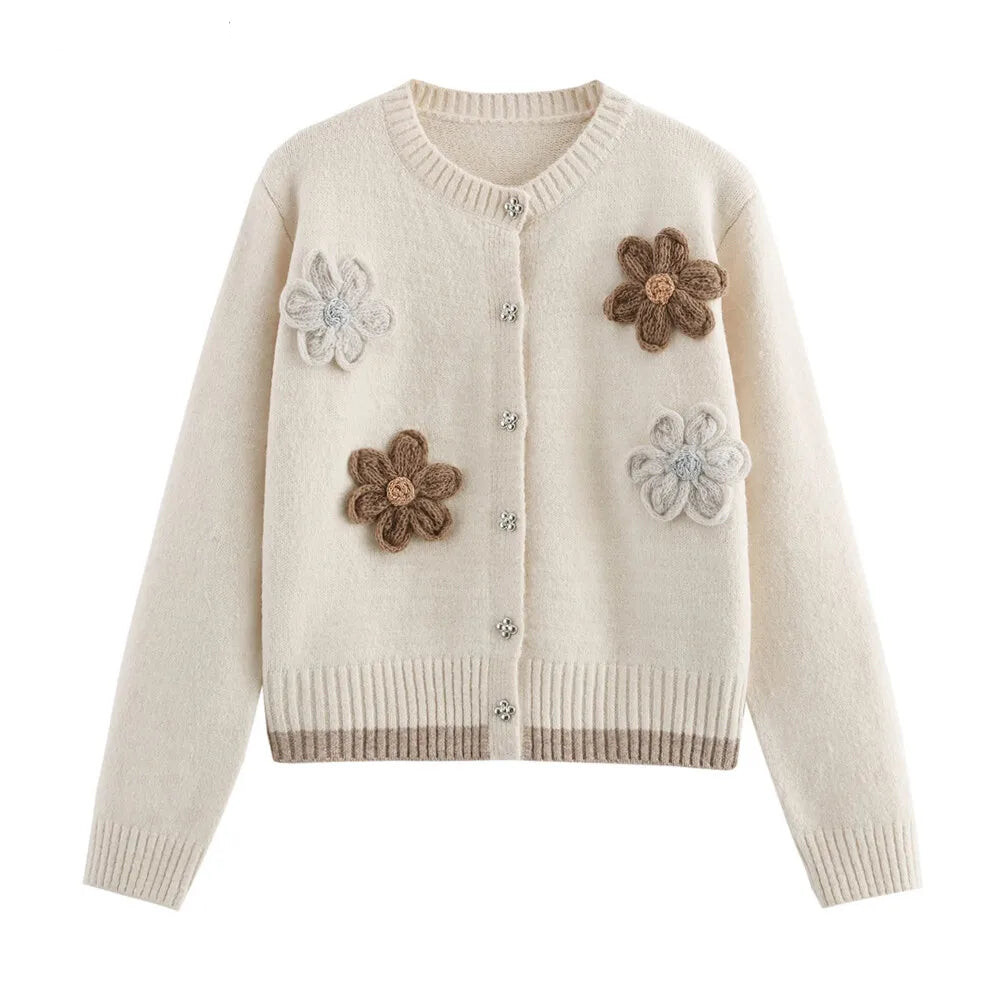 Crew Neck Cardigan with Floral Details - Versatile Fashion