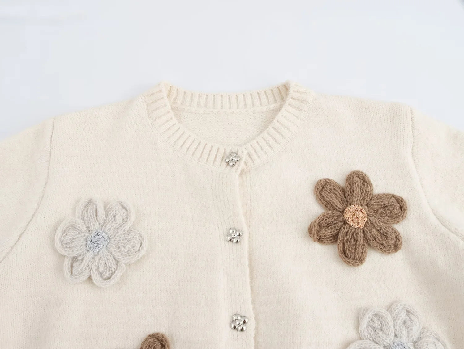 Crew Neck Cardigan with Floral Details - Versatile Fashion | Cardigans