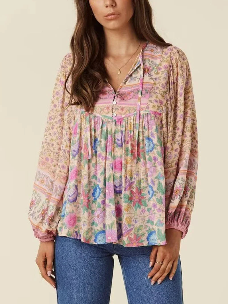 Women Boho Fall Floral Blouse with Long Sleeves Blouses