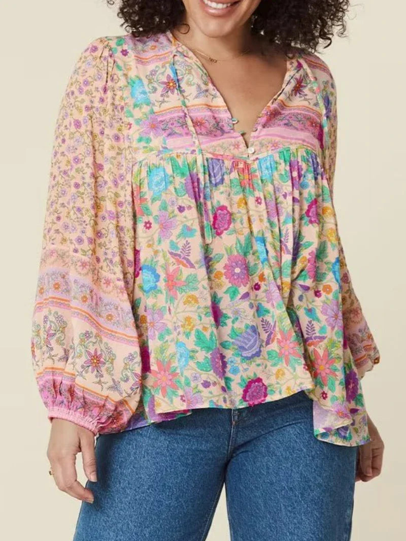 Women Boho Fall Floral Blouse with Long Sleeves Blouses