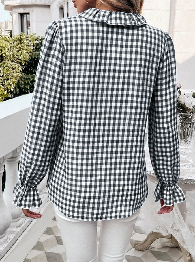 Gingham Ruffle Long Sleeve Button-Up Blouse for Everyday Elegance