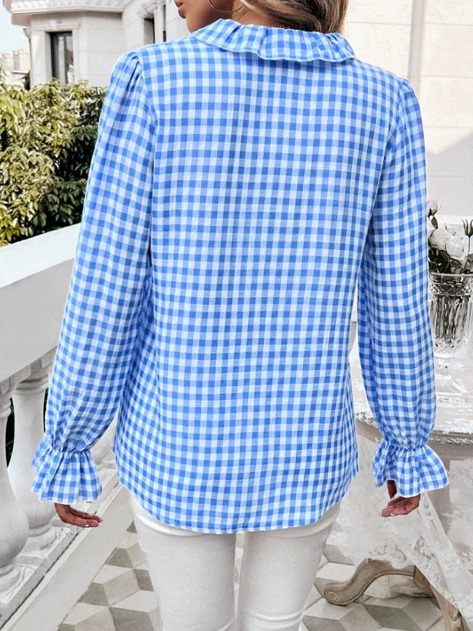 Gingham Ruffle Long Sleeve Button-Up Blouse for Everyday Elegance