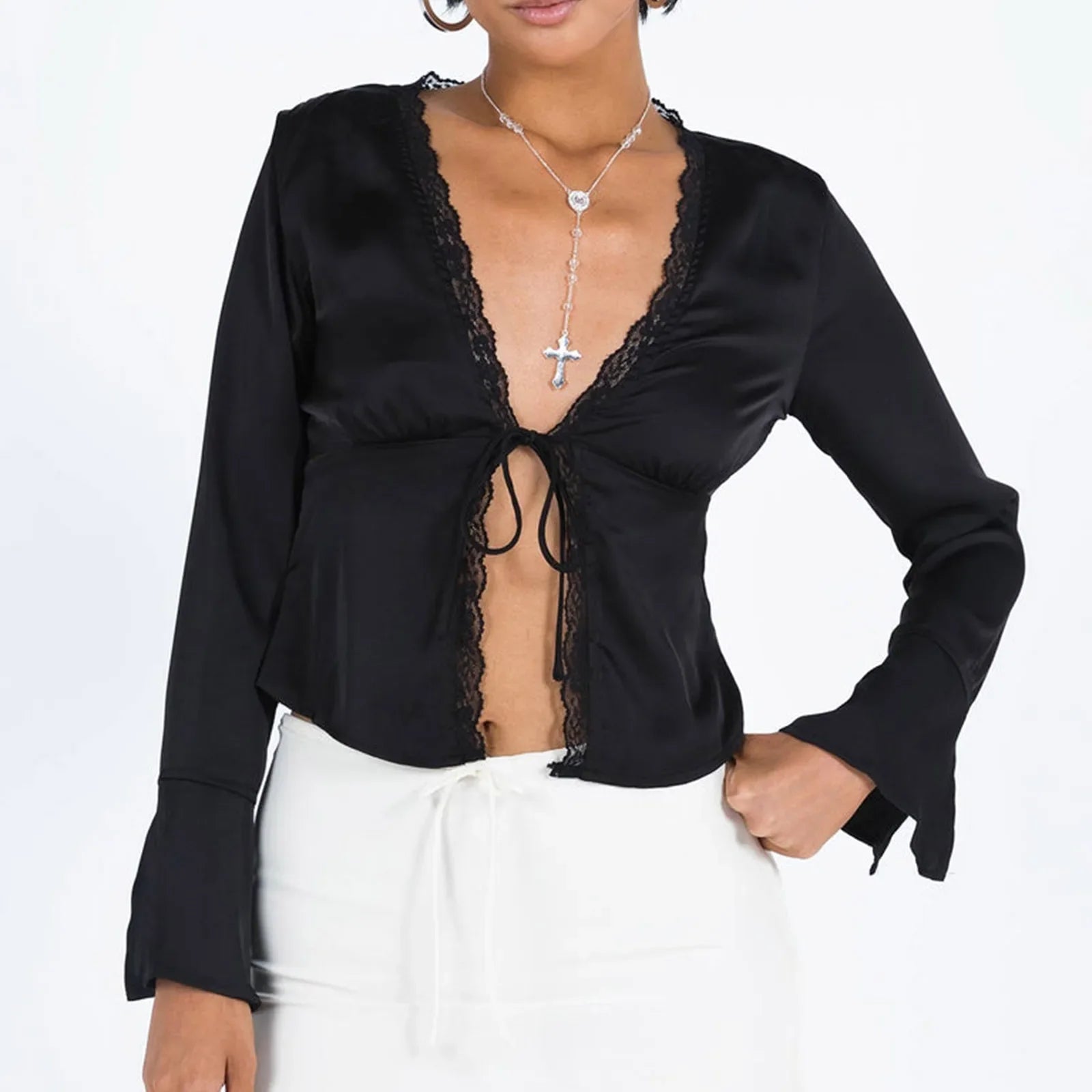 Satin V-Neck Blouse with Long Slit Sleeves | Satin Tops