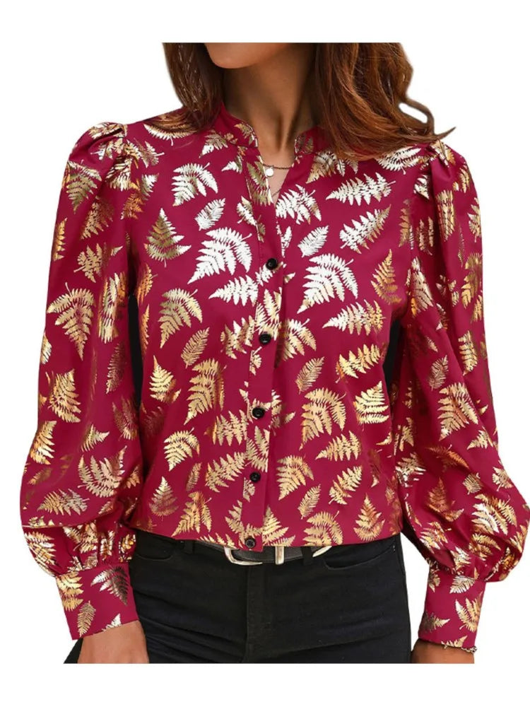 Autumn Fern Print Blouse - Women Golden Long Sleeve Shirt Blouses