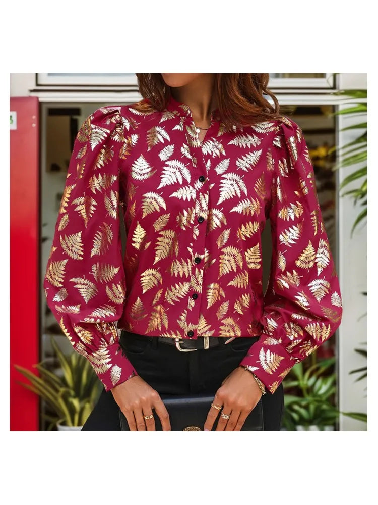 Autumn Fern Print Blouse - Women Golden Long Sleeve Shirt Blouses