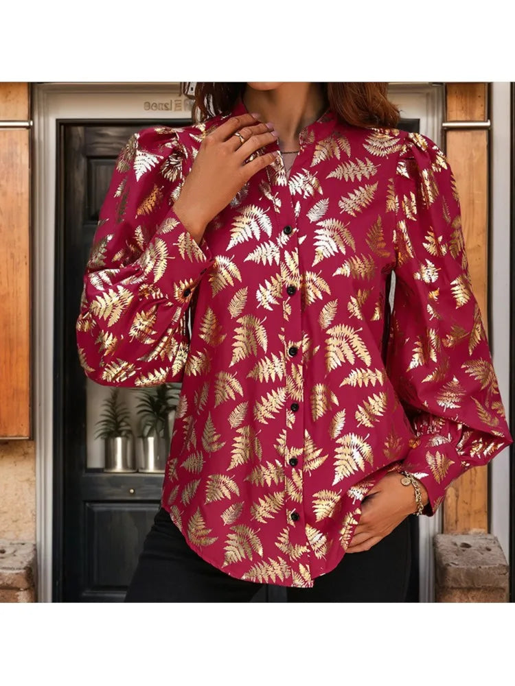 Autumn Fern Print Blouse - Women Golden Long Sleeve Shirt Blouses